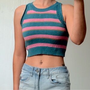 Madewell Pink Teal Women’s Striped Woven Crochet Tank Top Shirt Crop